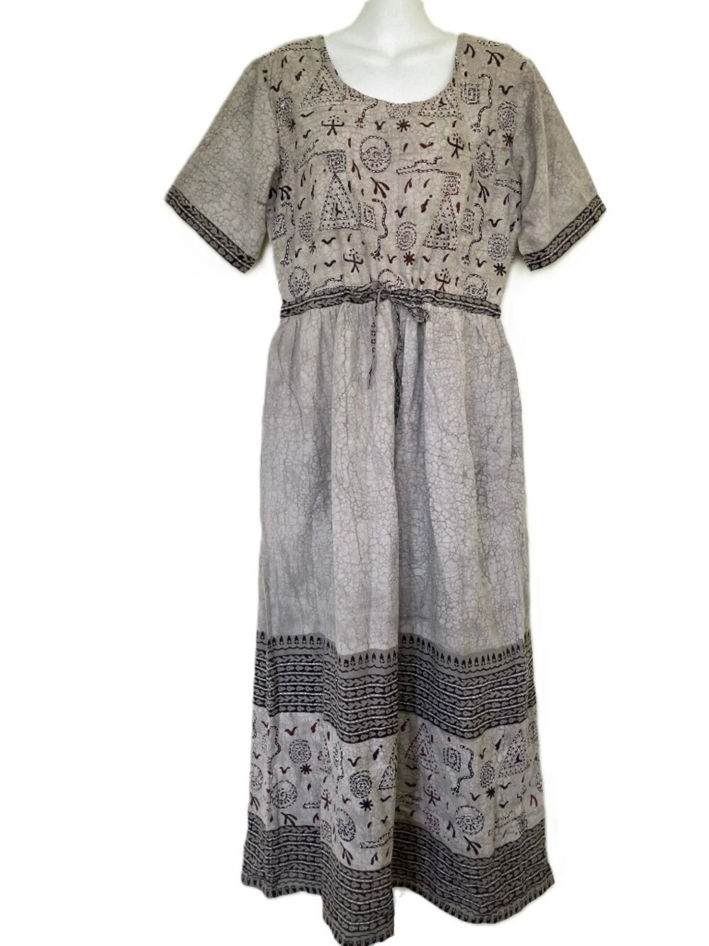 Raindrops Short Sleeve Maxi Dress Beige Pictograph Print Vintage 90s